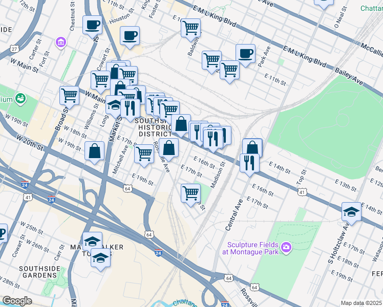 map of restaurants, bars, coffee shops, grocery stores, and more near 501 East 17th Street in Chattanooga