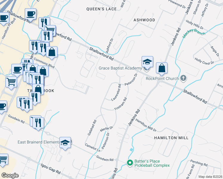 map of restaurants, bars, coffee shops, grocery stores, and more near 2227 Launcelot Road in Chattanooga