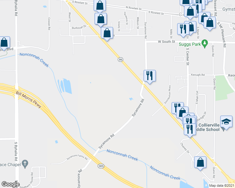 map of restaurants, bars, coffee shops, grocery stores, and more near 475 Sycamore Road in Collierville