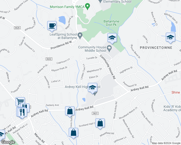 map of restaurants, bars, coffee shops, grocery stores, and more near 11125 Maplehurst Drive in Charlotte