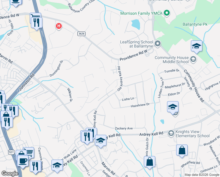map of restaurants, bars, coffee shops, grocery stores, and more near 10604 Old Ardrey Kell Road in Charlotte