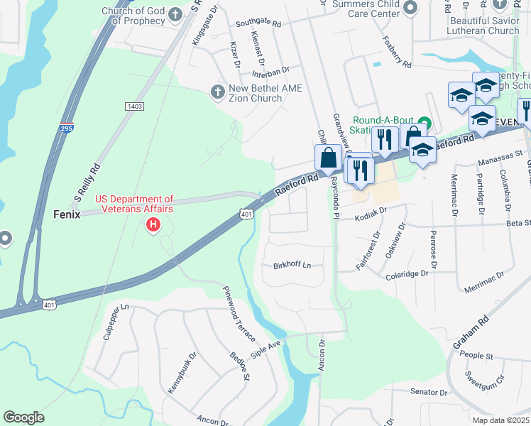 map of restaurants, bars, coffee shops, grocery stores, and more near 2333 Bentridge Lane in Fayetteville