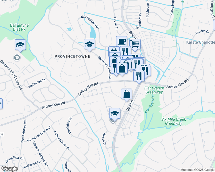 map of restaurants, bars, coffee shops, grocery stores, and more near 9010 Bishop Crest Lane in Charlotte