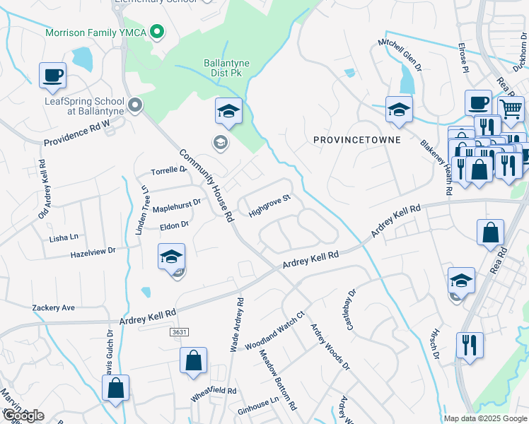 map of restaurants, bars, coffee shops, grocery stores, and more near 8428 Highgrove Street in Charlotte
