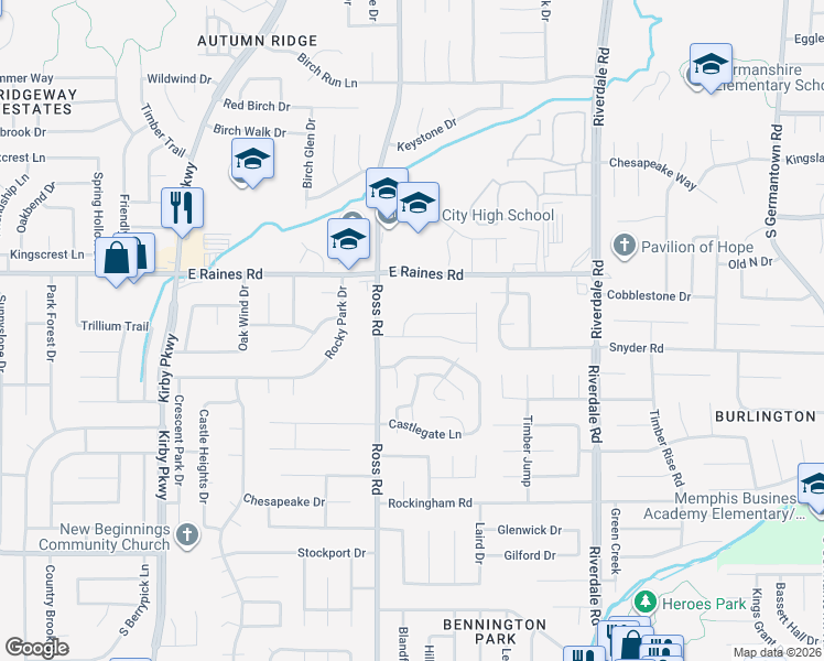 map of restaurants, bars, coffee shops, grocery stores, and more near 6756 Devenshire Lane in Memphis