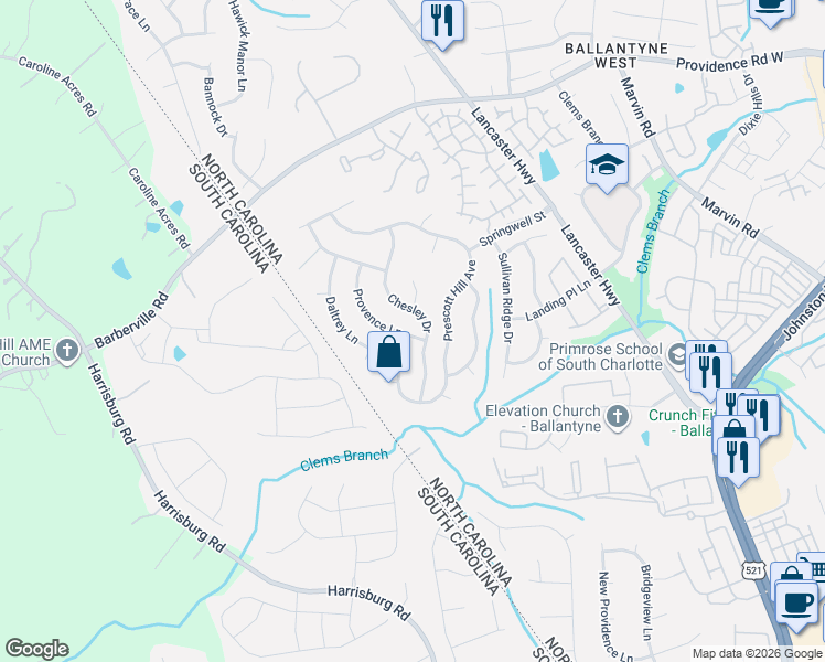 map of restaurants, bars, coffee shops, grocery stores, and more near 14612 Provence Lane in Charlotte