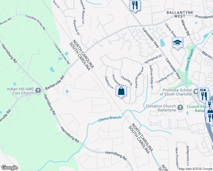 map of restaurants, bars, coffee shops, grocery stores, and more near 13828 Daltrey Lane in Charlotte