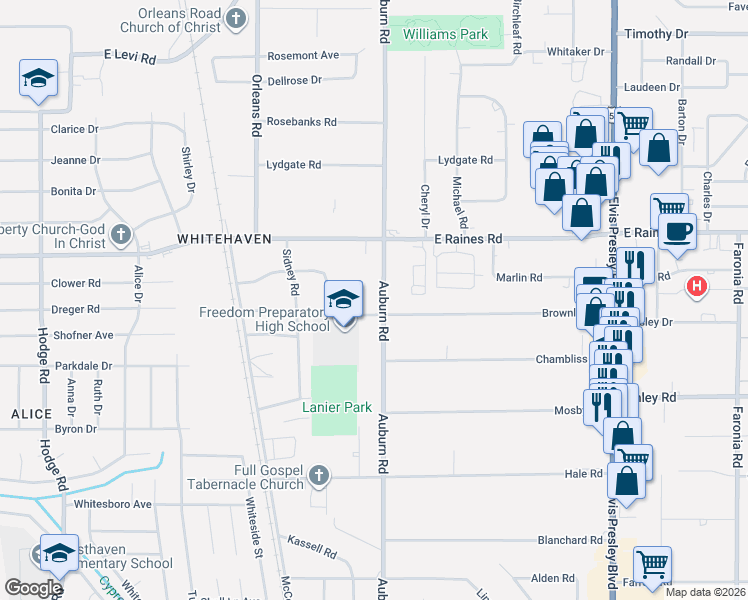 map of restaurants, bars, coffee shops, grocery stores, and more near 4259 Auburn Road in Memphis