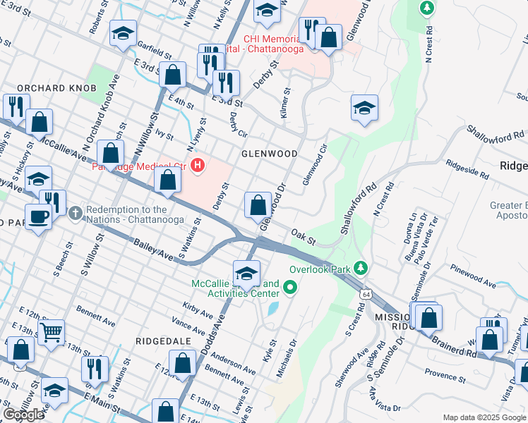 map of restaurants, bars, coffee shops, grocery stores, and more near 169 Glenwood Drive in Chattanooga