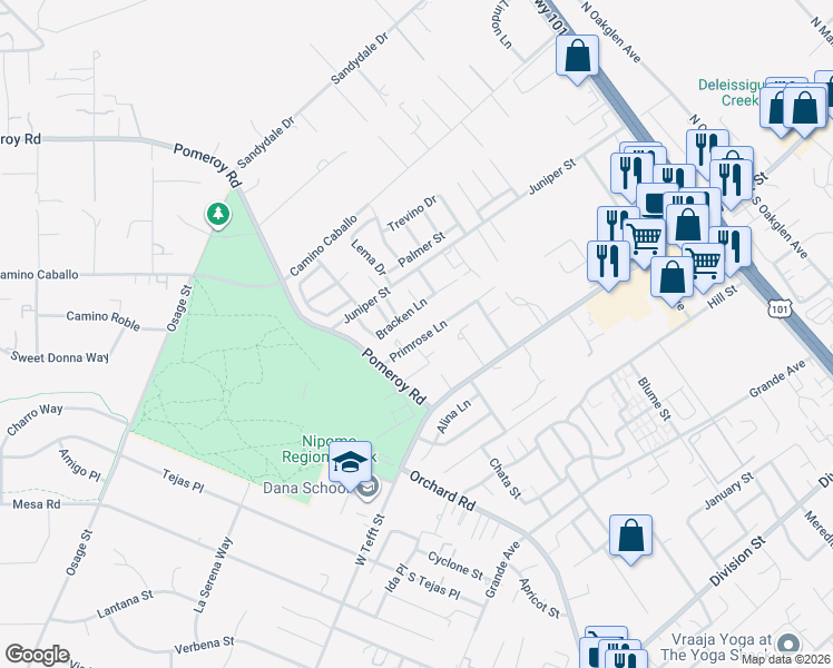 map of restaurants, bars, coffee shops, grocery stores, and more near 850 Primrose Lane in Nipomo