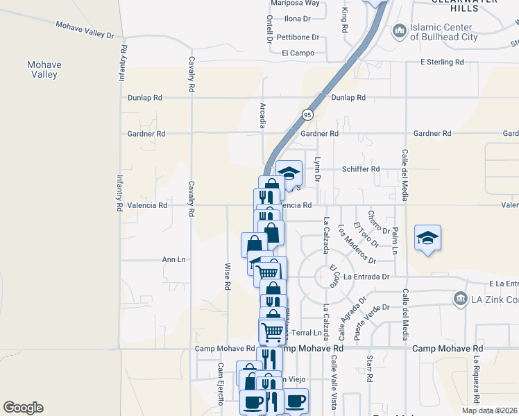 map of restaurants, bars, coffee shops, grocery stores, and more near 4255-4379 Mohave Valley Hwy in Fort Mohave