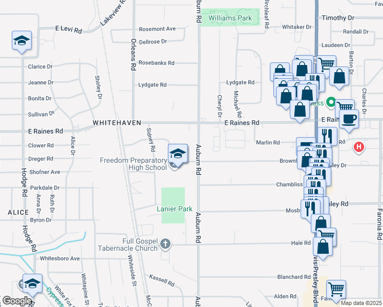 map of restaurants, bars, coffee shops, grocery stores, and more near 4227 Auburn Road in Memphis