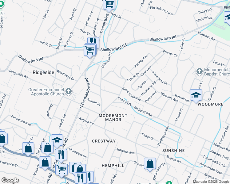 map of restaurants, bars, coffee shops, grocery stores, and more near 419 Phoenix Avenue in Chattanooga