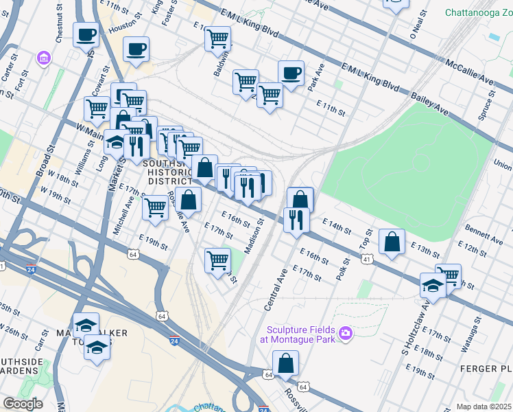 map of restaurants, bars, coffee shops, grocery stores, and more near 624 East Main Street in Chattanooga