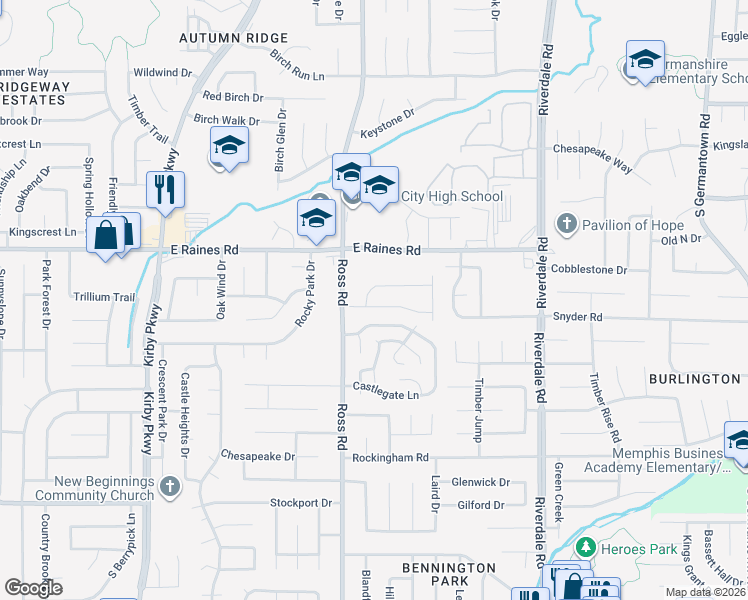 map of restaurants, bars, coffee shops, grocery stores, and more near 6756 Devenshire Lane in Memphis