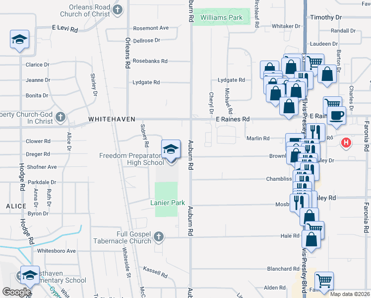 map of restaurants, bars, coffee shops, grocery stores, and more near 4259 Auburn Road in Memphis
