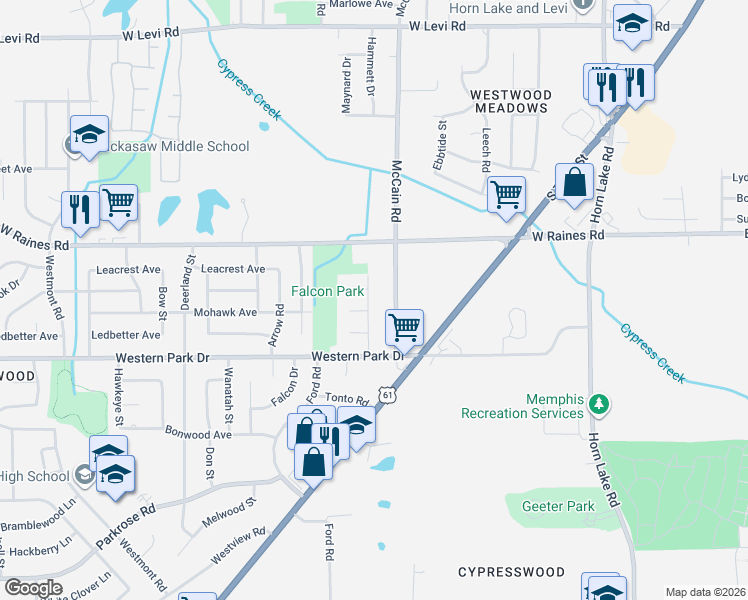 map of restaurants, bars, coffee shops, grocery stores, and more near 4254 Tonawanda Street in Memphis
