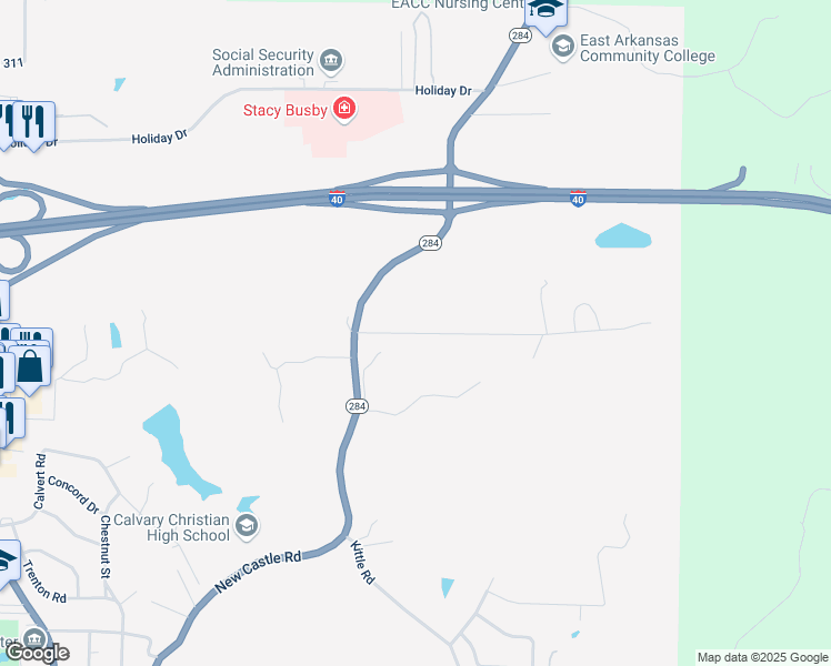 map of restaurants, bars, coffee shops, grocery stores, and more near Indian Hills Road in Forrest City