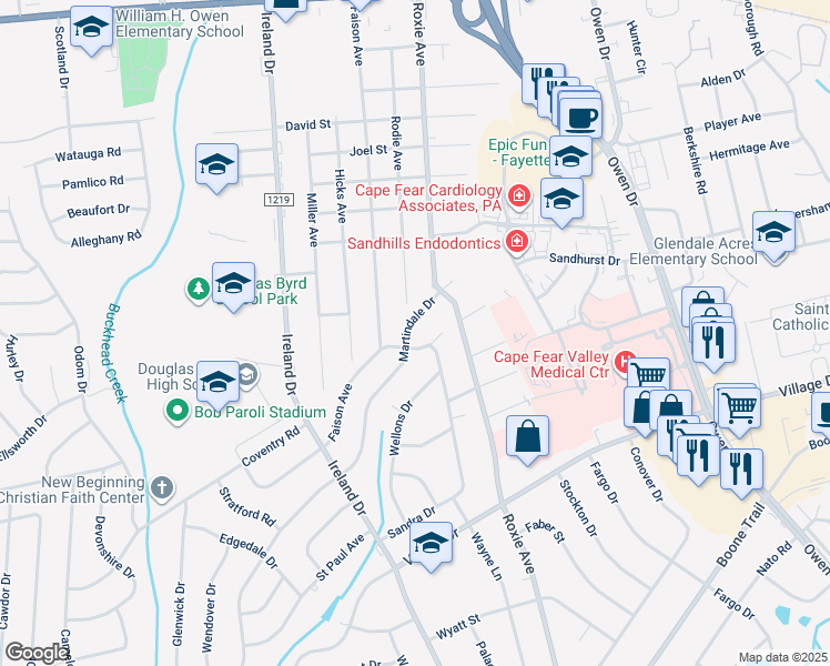 map of restaurants, bars, coffee shops, grocery stores, and more near 1021 Martindale Drive in Fayetteville