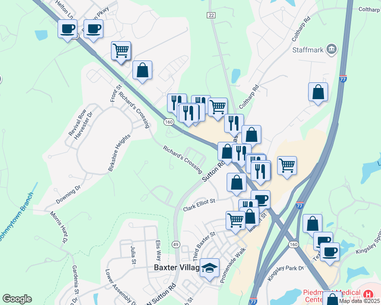 map of restaurants, bars, coffee shops, grocery stores, and more near 1375 Barnett Woods in Fort Mill