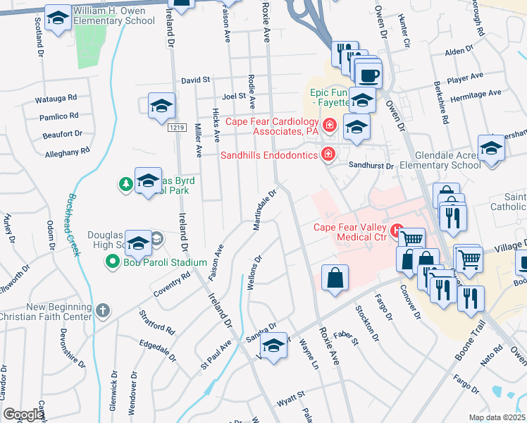map of restaurants, bars, coffee shops, grocery stores, and more near 1021 Martindale Drive in Fayetteville