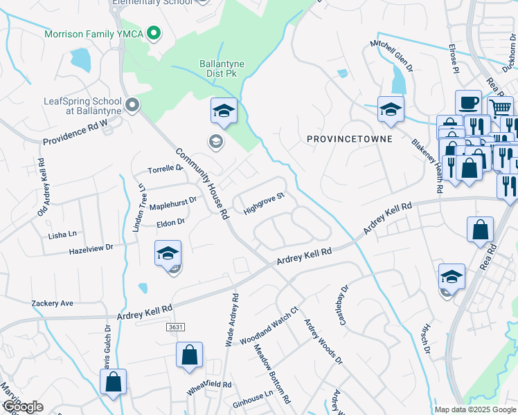 map of restaurants, bars, coffee shops, grocery stores, and more near 8428 Highgrove Street in Charlotte