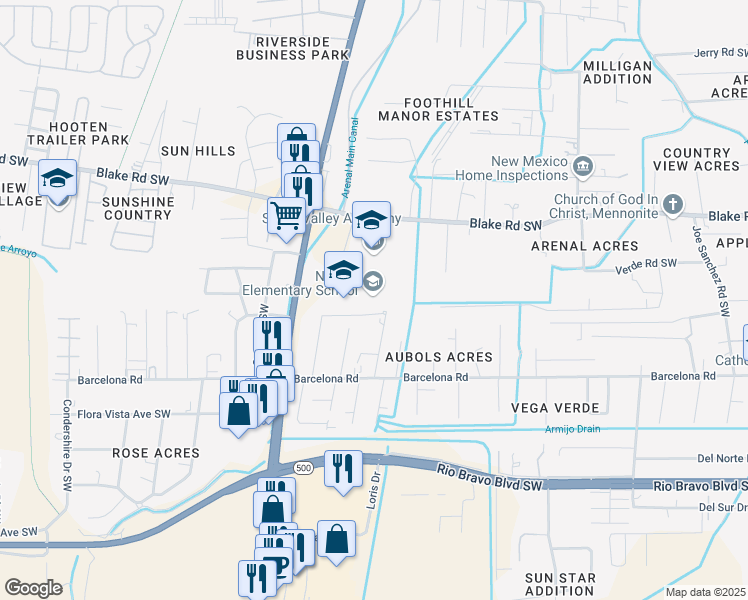 map of restaurants, bars, coffee shops, grocery stores, and more near 2936 Hughes Road Southwest in Albuquerque