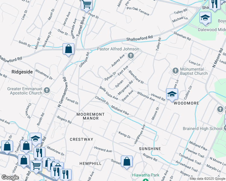 map of restaurants, bars, coffee shops, grocery stores, and more near 714 Sylvan Drive in Chattanooga