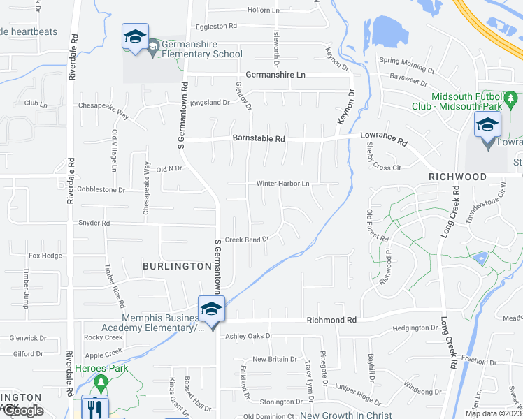 map of restaurants, bars, coffee shops, grocery stores, and more near 4217 Indian Brook Cove in Memphis
