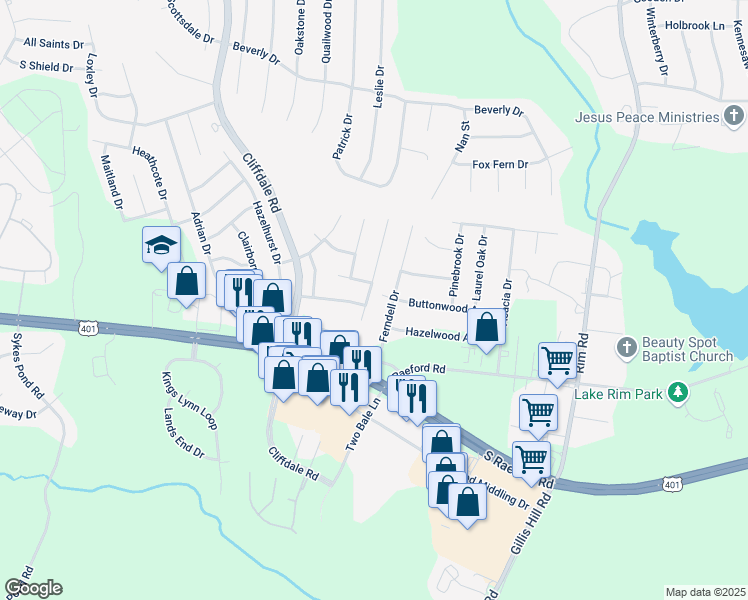map of restaurants, bars, coffee shops, grocery stores, and more near 1579 Rossmore Drive in Fayetteville