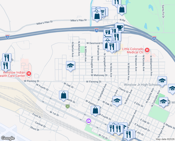 map of restaurants, bars, coffee shops, grocery stores, and more near 803 West Hillview Street in Winslow