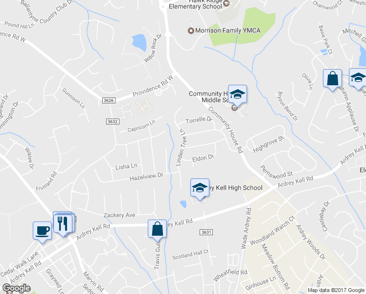 map of restaurants, bars, coffee shops, grocery stores, and more near 9310 Linden Tree Lane in Charlotte