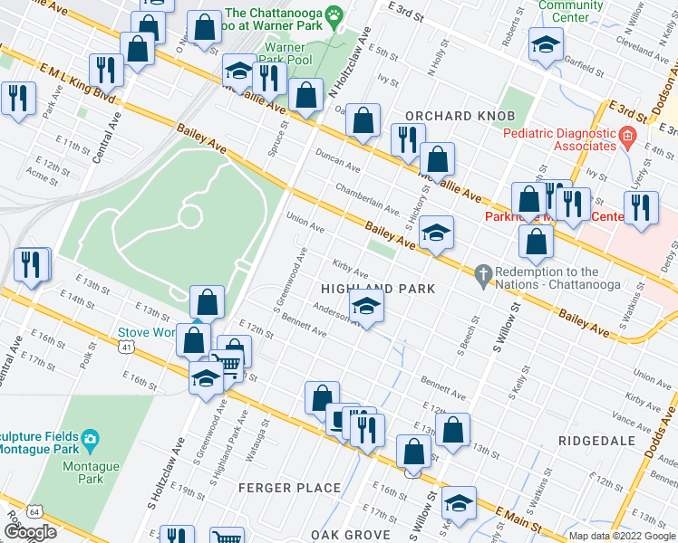 map of restaurants, bars, coffee shops, grocery stores, and more near 709 South Highland Park Avenue in Chattanooga