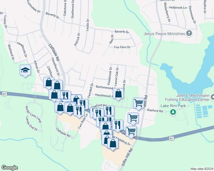 map of restaurants, bars, coffee shops, grocery stores, and more near 1550 Pinebrook Drive in Fayetteville