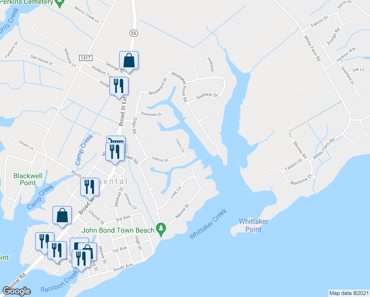 map of restaurants, bars, coffee shops, grocery stores, and more near 1404 Tosto Circle in Oriental