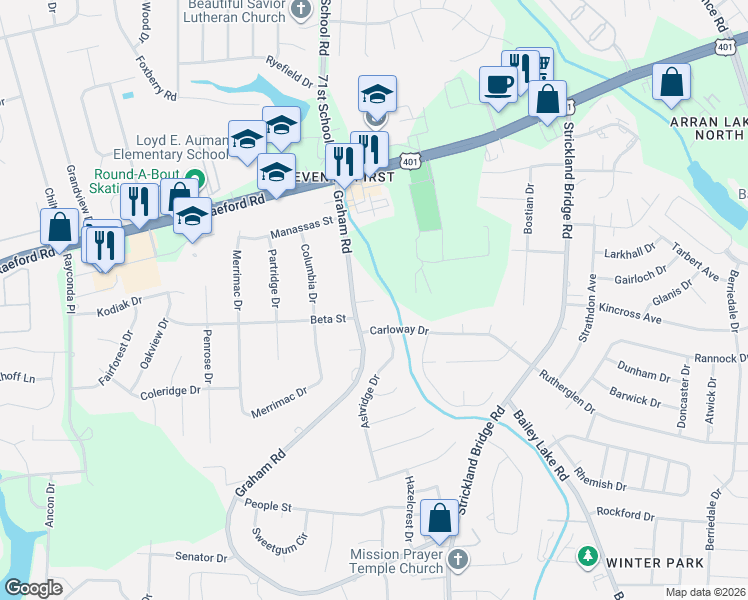 map of restaurants, bars, coffee shops, grocery stores, and more near 7178 Silverstone Drive in Fayetteville