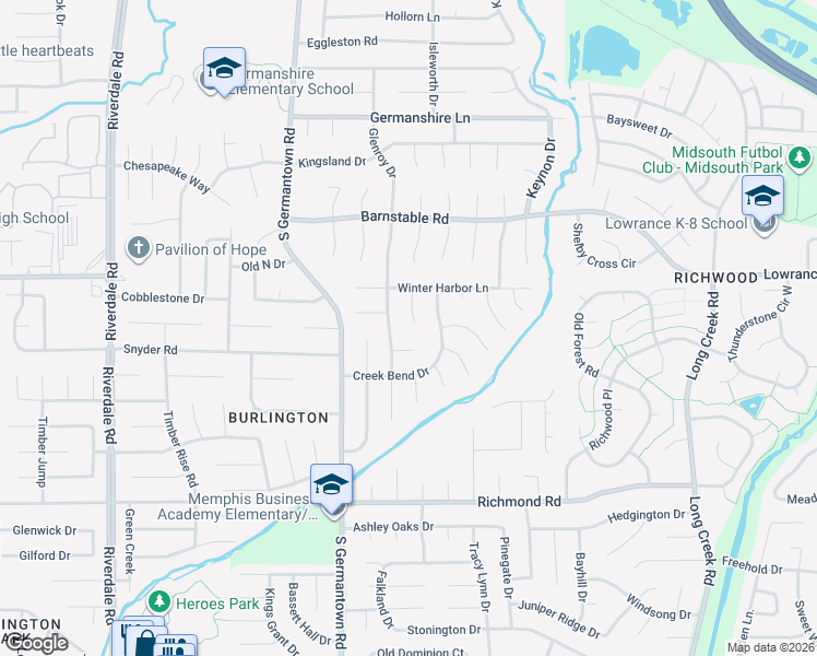 map of restaurants, bars, coffee shops, grocery stores, and more near 4192 Glenroy Drive in Memphis