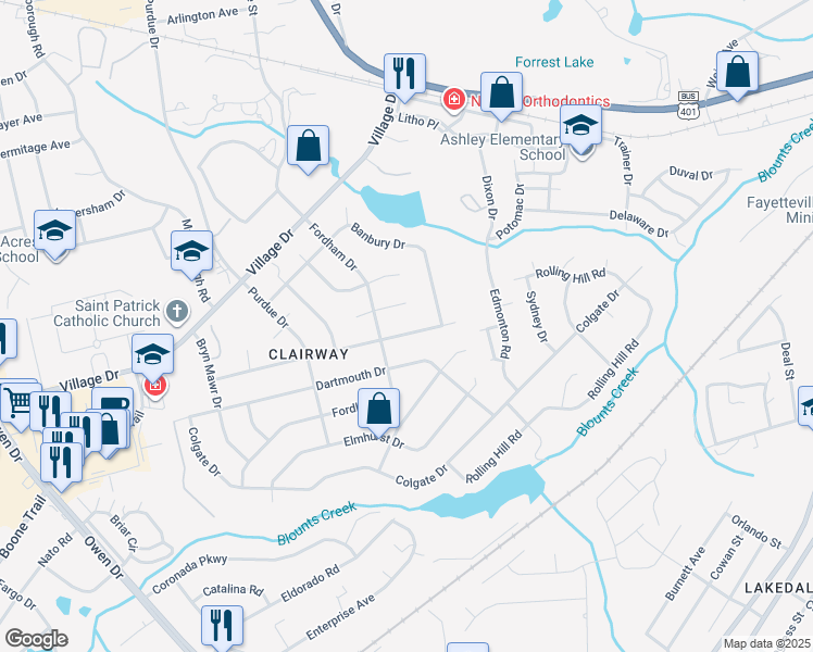 map of restaurants, bars, coffee shops, grocery stores, and more near 1714 Yonkers Court in Fayetteville