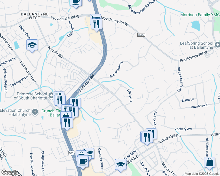 map of restaurants, bars, coffee shops, grocery stores, and more near 16017 Marvin Road in Charlotte