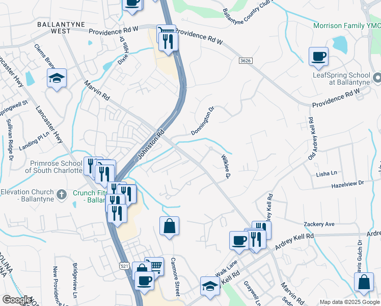 map of restaurants, bars, coffee shops, grocery stores, and more near 16017 Marvin Road in Charlotte