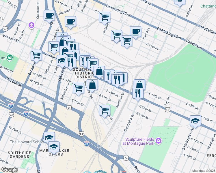 map of restaurants, bars, coffee shops, grocery stores, and more near 1427 Jefferson Street in Chattanooga