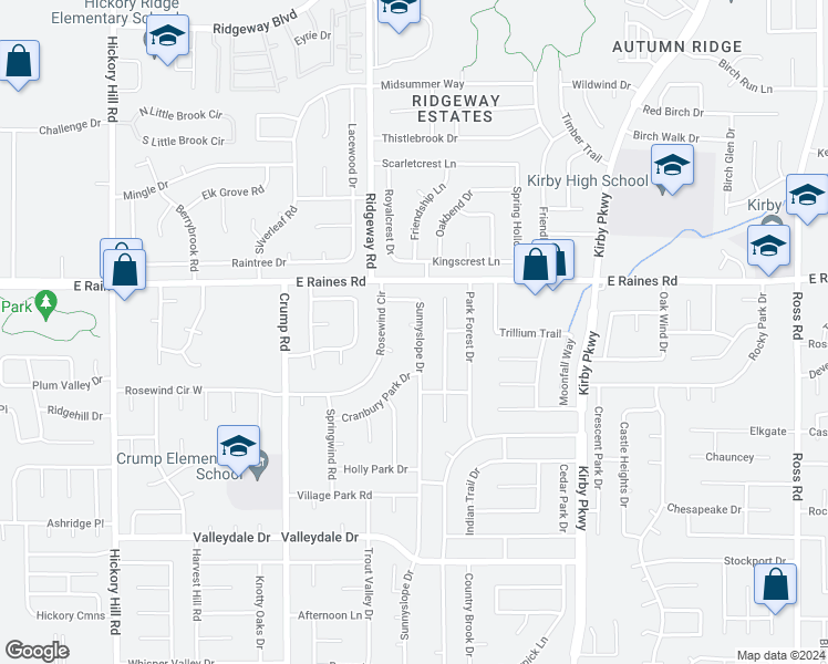 map of restaurants, bars, coffee shops, grocery stores, and more near 4223 Sunnyslope Drive in Memphis