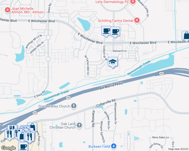 map of restaurants, bars, coffee shops, grocery stores, and more near 1000 South Tarren Mill Circle in Collierville
