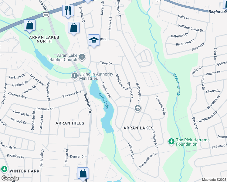 map of restaurants, bars, coffee shops, grocery stores, and more near 1437 Keswick Drive in Fayetteville