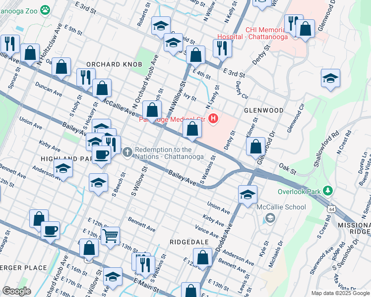 map of restaurants, bars, coffee shops, grocery stores, and more near 2207 Duncan Avenue in Chattanooga