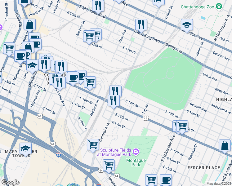 map of restaurants, bars, coffee shops, grocery stores, and more near 1314 Slayton Street in Chattanooga