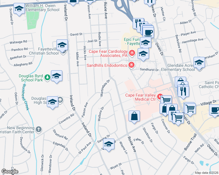 map of restaurants, bars, coffee shops, grocery stores, and more near 1502 Roxie Avenue in Fayetteville