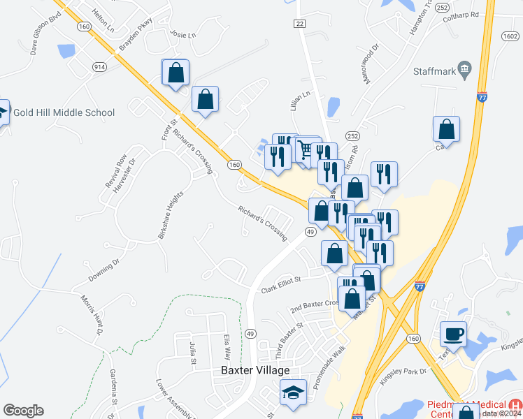 map of restaurants, bars, coffee shops, grocery stores, and more near 1380 Barnett Woods in Fort Mill