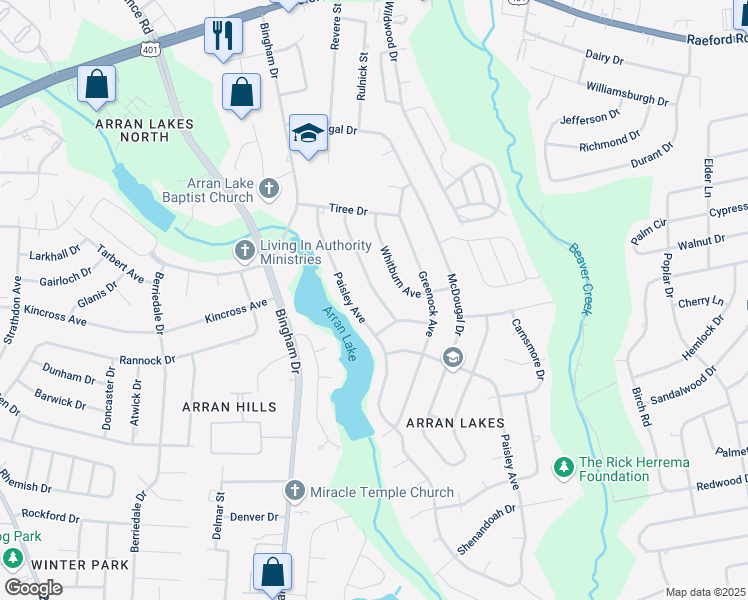 map of restaurants, bars, coffee shops, grocery stores, and more near 1448 Keswick Drive in Fayetteville