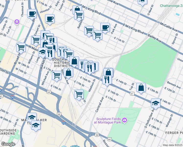 map of restaurants, bars, coffee shops, grocery stores, and more near 1410 Park Avenue in Chattanooga